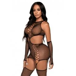 Bodystocking En Résille Effet Porte-Jarretelles Avec Mitaines - Leg Avenue -Sextoys boutique bodystocking en resille effet porte jarretelles avec mitaines leg avenue 3