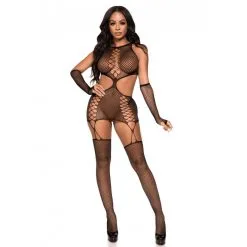 Bodystocking En Résille Effet Porte-Jarretelles Avec Mitaines - Leg Avenue -Sextoys boutique bodystocking en resille effet porte jarretelles avec mitaines leg avenue 6