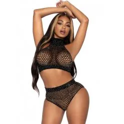 Ensemble 2 Pièces Top Col Cheminée & Slip Taille Haute Résille Et Strass - Leg Avenue -Sextoys boutique ensemble 2 pieces top col cheminee slip taille haute resille et strass leg avenue 2