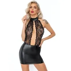 Robe Courte En Dentelle Et Wetlook ‘Boudoir Stories’ – Noir Handmade