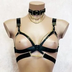 Collection Exclusive Paradise Boutik Soutien-Gorge Harnais Ouvert Avec Chaînes Et Collier Ras-De-Cou